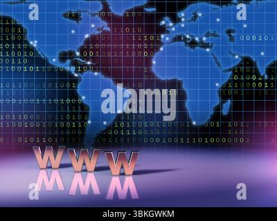 Symbole World Wide Web devant une carte du monde. Illustration numérique. Banque D'Images