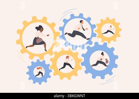 Forte coopération de travail d'équipe pour la progression du travail, l'organisation et la productivité de l'équipe d'affaires. De minuscules personnes courent à l'intérieur du système mécanique d'engrenages et de roues dentées ensemble illustration vectorielle de dessin animé Illustration de Vecteur