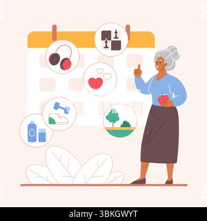 Habitudes saines pour le bien-être, le bien-être, la santé mentale et corporelle des personnes âgées. Petite vieille dame planifiant une activité personnelle quotidienne avec calendrier, exercice physique et nourriture, illustration vectorielle de dessin animé musical Illustration de Vecteur