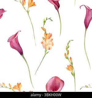 Motif aquarelle sans couture de lys de Calla et de fleurs de freesia. Banque D'Images