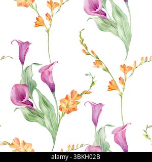 Motif aquarelle sans couture de lys de Calla et de fleurs de freesia. Banque D'Images