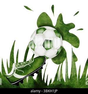 Aquarelle de football. Composition dessinée à la main d'une balle, d'une chaussure de football et d'une herbe. Clip art de l'équipement sportif sur fond blanc isolé. Idéal pour Banque D'Images