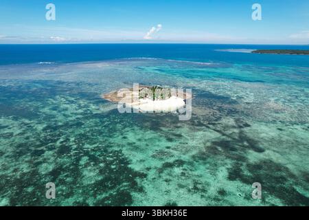 Vue aérienne, île couverte de palmiers, récif turquoise - magnifique îlot tropical entouré d'eaux coralliennes vibrantes, de sérénité rayonnante, d'isolement et de natu Banque D'Images