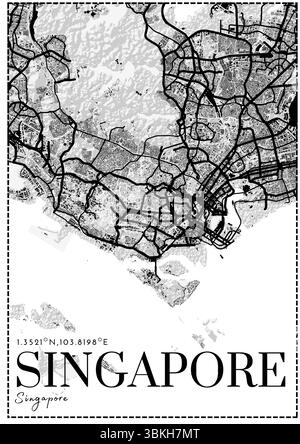 Plan des rues de Singapour – fond clair avec affiche d'art monochrome Dark Line Illustration de Vecteur