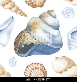 Motif aquarelle sans couture avec coquillages sur fond blanc. Un motif avec un thème marin. Illustration aquarelle. Pour la conception de papier peint Banque D'Images