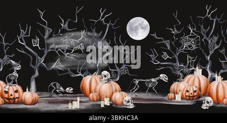 Bordure sans couture avec squelettes de chat et forêt effrayante. Décoration d'Halloween. Citrouilles et crânes. Les bougies brûlent. Pleine lune. Scènes sombres. Aquarelle Banque D'Images