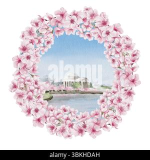 Cherry Blossom Festival à Washington DC. Jefferson Memorial pendant sakura.Lake avec des arbres roses en arrière-plan. Fond de carte postale ou de modèle Banque D'Images