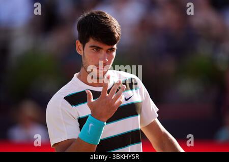 Carlos Alcaraz célèbre le treizième jour des Championnats HSBC au Queen's Club de Londres. Date de la photo : samedi 21 juin 2025. Banque D'Images