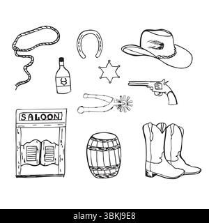 Gribouilles vectorielles occidentales dessinées à la main. Illustrations au trait avec une atmosphère de Far West Illustration de Vecteur