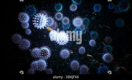 Illustration scientifique, bactéries et virus dans l'air, vue abstraite, coronavirus et autres virus volant aléatoirement dans l'espace Banque D'Images