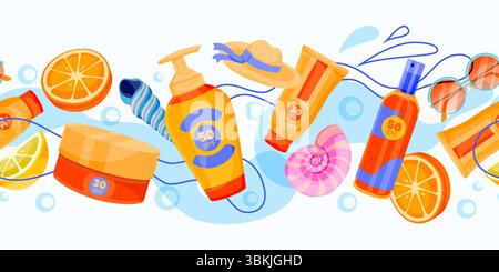 Fond horizontal sans couture de plage d'été avec crème solaire, cosmétiques solaires, crème SPF et lotion. Illustration de dessin animé plat vectoriel. Desig. Coloré Illustration de Vecteur