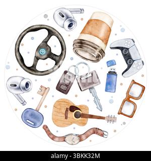 Autocollant circulaire d'illustrations aquarelles dispersées avec volant tasse à café de voiture clés USB lecteur flash lecteur de jeu guitare acoustique Banque D'Images