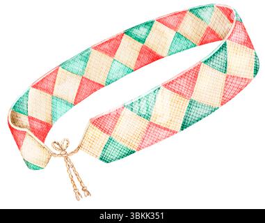 Bracelet d'amitié aquarelle peint à la main en vert rose pastel et motif diamant crème isolé sur blanc idéal pour accessoire de mode boho ou artisanat Banque D'Images