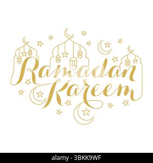 Texte doré Ramadan Kareem avec vecteur de conception de décoration islamique d'étoile en croissant de lanterne de mosquée Illustration de Vecteur