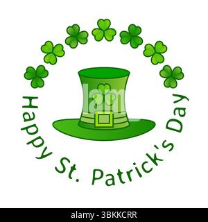 Logo de jour St Patricks avec chapeau et vecteur de conception de feuille de trèfle isolé sur fond blanc Illustration de Vecteur