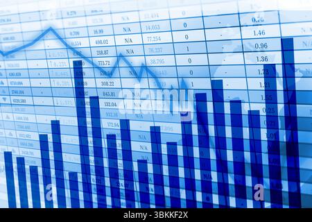 Affichage plat bleu montrant un graphique à barres et une flèche vers le bas sur la grille de données avec superposition de carte du monde Banque D'Images