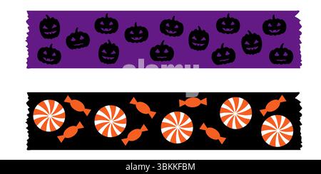 Collection de ruban washi décoratif Halloween avec de jolies chauves-souris et araignées citrouilles. Ruban de masquage vectoriel en violet noir et orange pour papier d'emballage Illustration de Vecteur