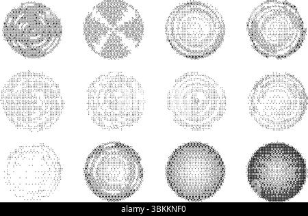 Jeu de cercles d'effet de pixel bitmap. Arrondissements circulaires Y2K avec motif demi-ton texturé. Formes de dégradé de tramage vectoriel graffiti sur fond blanc Illustration de Vecteur