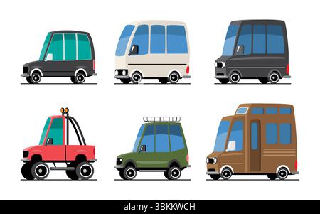 Voitures personnelles Set illustration de dessin animé inclus fourgon, minifourgonnette, voiture SUV, véhicule hors route et camping-car. Conception plate. Isoler sur fond blanc . VE Illustration de Vecteur
