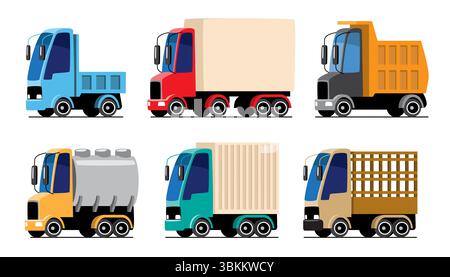 Camions de logistique ou véhicules de transport commercial illustration de bande dessinée inclus plat, boîte, benne, citerne, conteneur et camion de pieu. Desi. Plat Illustration de Vecteur