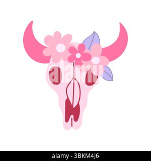 Crâne de vache vectoriel décoré de fleurs roses en esthétique occidentale girly, parfait pour les autocollants, les t-shirts ou les conceptions numériques. Illustration de Vecteur