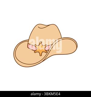 Vecteur d'un chapeau de cow-boy bronzé avec ruban rose et badge shérif en or. Idéal pour les designs et icônes à thème occidental. Illustration de Vecteur