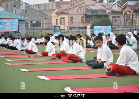 Journée internationale du yoga célébrez en Inde les gens se rassemblent en cours de yoga pour célébrer le 11e anniversaire de la Journée internationale du yoga. La Journée internationale du Yoga a été introduite en 2014 par les Nations Unies, déclarée le 21 juin comme journée officielle. Le 21 juin 2025 à Srinagar, Cachemire, Inde. Srinagar Jammu-et-Cachemire Inde Copyright : xDanishxShowkatx Banque D'Images