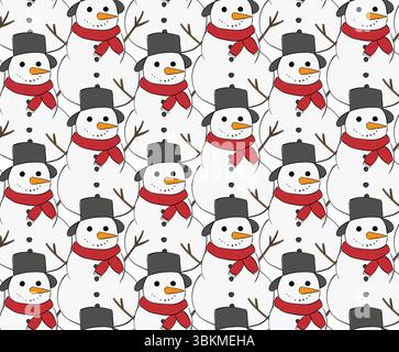 Motif de noël mignon et festif Snowman gros plan sans couture. Illustration vectorielle d'encre de ligne graphique. Parfait pour les cartes, les décorations, les autocollants, l Illustration de Vecteur