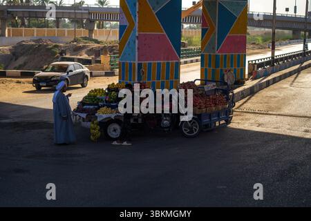 Le Caire, Égypte - 11 septembre 2023 : un vendeur de rue vendant des fruits frais sous des piliers aux couleurs vives, avec une toile de fond égyptienne urbaine, représentant tra Banque D'Images