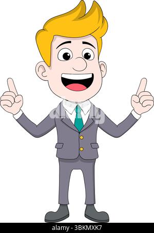Illustration vectorielle de dessin animé d'un homme d'affaires joyeux et enthousiaste avec des cheveux blonds et un costume gris, pointant vers le haut avec les deux index Illustration de Vecteur