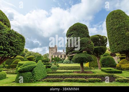 Des arbustes aux formes fantastiques dans le plus ancien parc topiaire du monde, le Levens Hall de Cumbria, Royaume-Uni. Banque D'Images