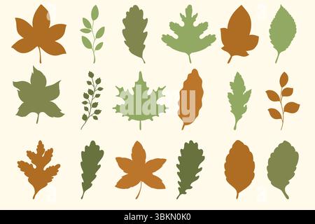 Ensemble de silhouettes de feuilles dessinées à la main isolées sur fond blanc.Beautiful doodle collection de feuilles. Illustration de Vecteur