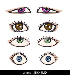 Yeux dessinés à la main dans le style de dessin animé doodle. Brosses à main yeux encre noire yeux sur fond blanc Illustration de Vecteur