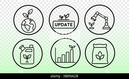 Icônes de l'agriculture écologique définies avec des symboles de croissance. Symboles verts de mise à jour de l'agriculture dans un style linéaire. Biotech agriculture durabilité aliments biologiques Illustration de Vecteur