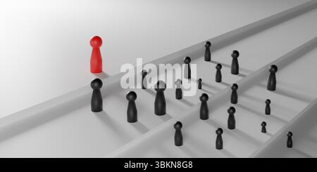 Le rendu 3D met en évidence le contraste et la hiérarchie pour un impact visuel fort et une clarté conceptuelle. Poupée rouge se distingue parmi les poupées blanches sur les escaliers noirs, sym Banque D'Images