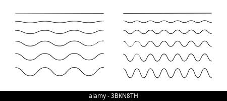 Lignes ondulées, sinueuses, en zigzag. Bordures ondulées, collection de lignes horizontales transversales. Sinus, fluide, air, signes de vent, gabarit. Eau, rivière, lac, mer Illustration de Vecteur