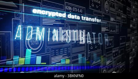 Affichage du texte ADMINISTRATEUR translucide sur le panneau de configuration, avec des graphiques à barres et une barre d'état au néon Banque D'Images
