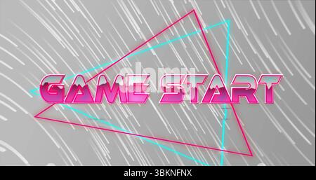 Affichage du texte DE DÉBUT DE JEU rose fluo sur l'écran synthwave, avec des triangles magenta et cyan Banque D'Images