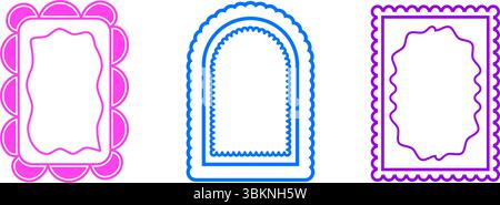 Arche rétro funky et cadres géométriques. Ensemble de couleurs néon amusantes bordures avec bords festonnés. Zones de texte et modèles de légende pour invitation. Vecteur illu Illustration de Vecteur