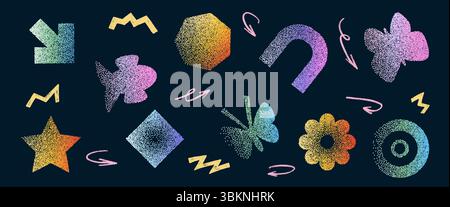 Grain différentes couleurs gradient de bruit ensemble de formes géométriques. Y2K flèche irisée, losange et arc avec des formes florales. Grunge grunge papillon et poisson IC Illustration de Vecteur