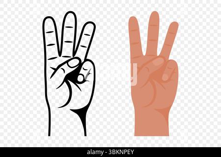 Main de comptage de dessin animé montrant le numéro trois, illustration vectorielle. Symbole de comptage des doigts, icône de geste numéro 3, illustration de signal de main, geste de doigt Illustration de Vecteur