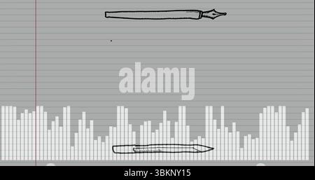 Esquisser des traits de crayon sur une page lignée stylisée, avec une pointe de stylo plume et des barres d'égalisation Banque D'Images