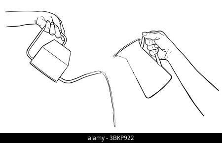 Mains humaines arrosant les plantes d'intérieur avec de l'eau bidon. Concept de soin des plantes, maison plat, jardinage, culture des plantes. Illustration de la ligne vectorielle dessinée à la main Wit Illustration de Vecteur