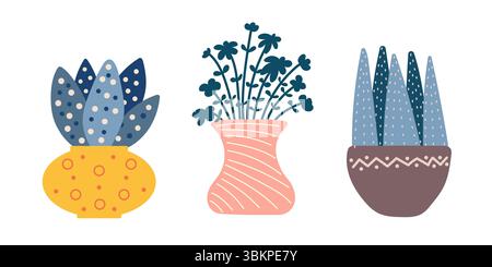 Ensemble de plantes d'intérieur. Plantes en pot de bureau. Collection de plantes dessinées à la main. Illustration de Vecteur