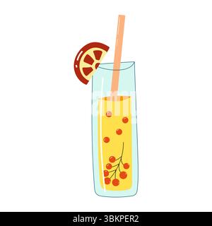 Verre de limonade avec de petites baies rouges et une tranche de pamplemousse. Illustration de Vecteur