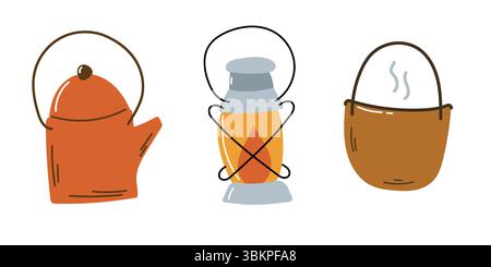 Ensemble d'éléments de camping avec bouilloire et lanterne Illustration de Vecteur