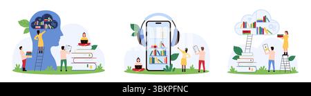 Ensemble de bibliothèques Cloud. De minuscules personnes sur l'échelle téléchargent des fichiers et des dossiers, téléchargent une sauvegarde sur un disque numérique pour le stockage, se connectent au cloud avec l'application mobile dans le téléphone pour lire l'illustration vectorielle de dessin animé de livre Illustration de Vecteur