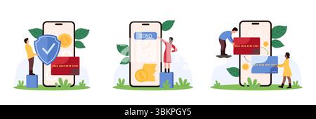 Transfert d'argent, paiement en ligne, comptabilité dans l'ensemble d'application mobile. Les petites personnes reçoivent et envoient des pièces de monnaie sur l'écran du téléphone, transaction sécurisée instantanée dans l'illustration vectorielle de dessin animé de compte numérique Illustration de Vecteur