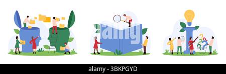 Développement des compétences cérébrales, ensemble d'apprentissage. Les gens minuscules transfèrent des informations entre deux têtes humaines, recherchent avec une loupe pour la connaissance dans le livre, lire l'info illustration vectorielle de dessin animé en ligne Illustration de Vecteur
