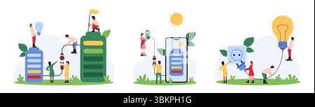 Génération d'électricité respectueuse de l'environnement, ensemble de station de charge de batterie électrique. Minuscules personnes tenant l'ampoule dans la prise, connectez la batterie rechargeable à l'énergie solaire pour recharger l'illustration vectorielle de dessin animé Illustration de Vecteur